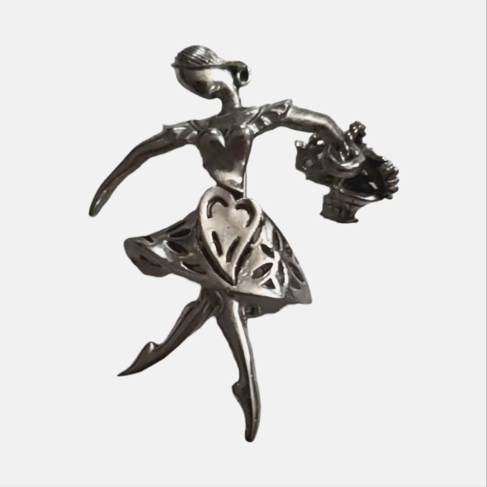 Vintage Alice Caviness Silver Ballerina Brooch 1950s Dancer With Flower Basket